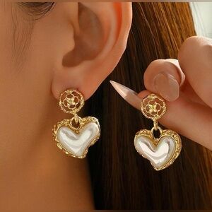 Baroque Pearl Heart Drop Earrings | Gold Statement Romantic Dangle | NWT Box
